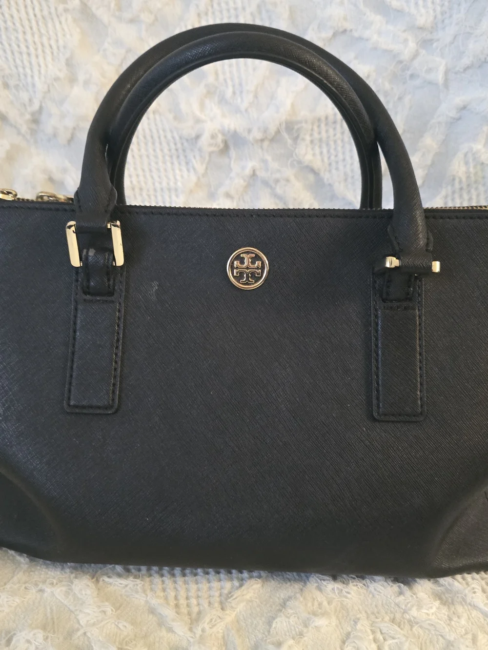 Tory Burch Black Saffiano Leather Satchel with Gold Logo